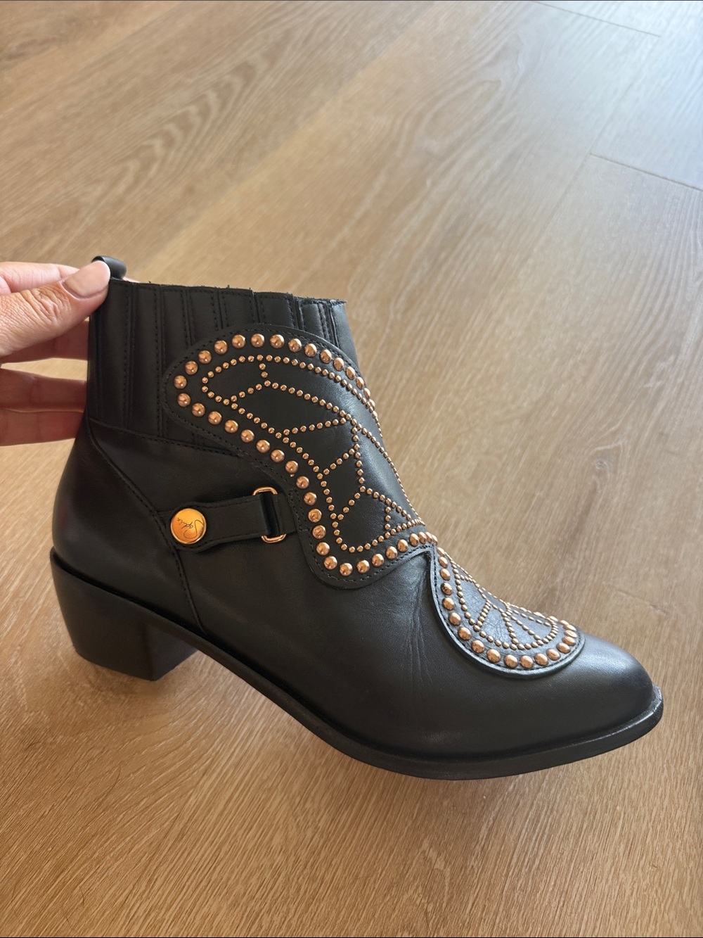 Sophia Webster Black Ankle Boots with Rose Gold Studs - Picture 2 of 4